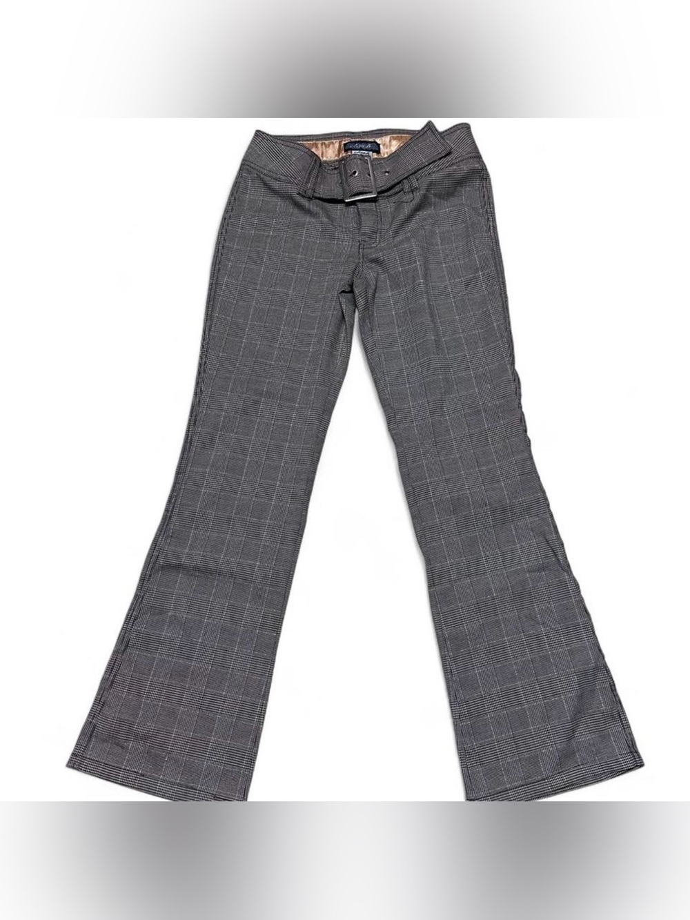 Vintage Y2K Plaid Flare Pants Buckle Waist Office Siren Trouser Low Rise L Vtg